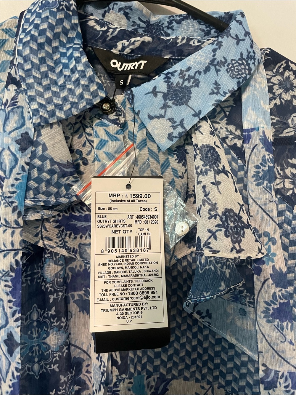 Outryt Blue Patchwork Ruffle Blouse Small NWT - Picture 5 of 8